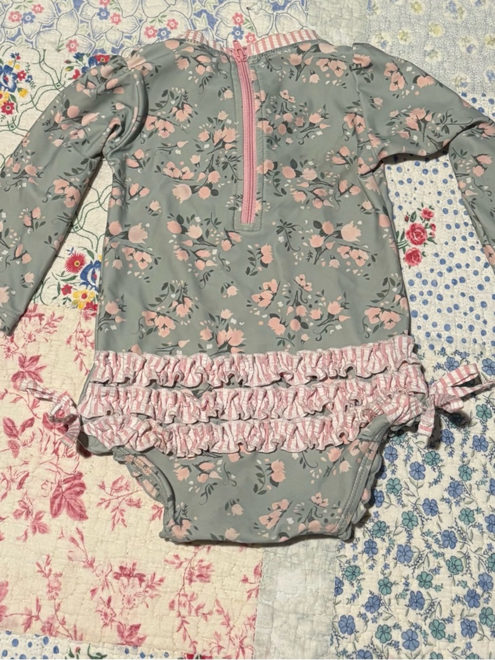 Girls' Floral Long-Sleeve One-Piece Swimsuit in Sage Green and Pink